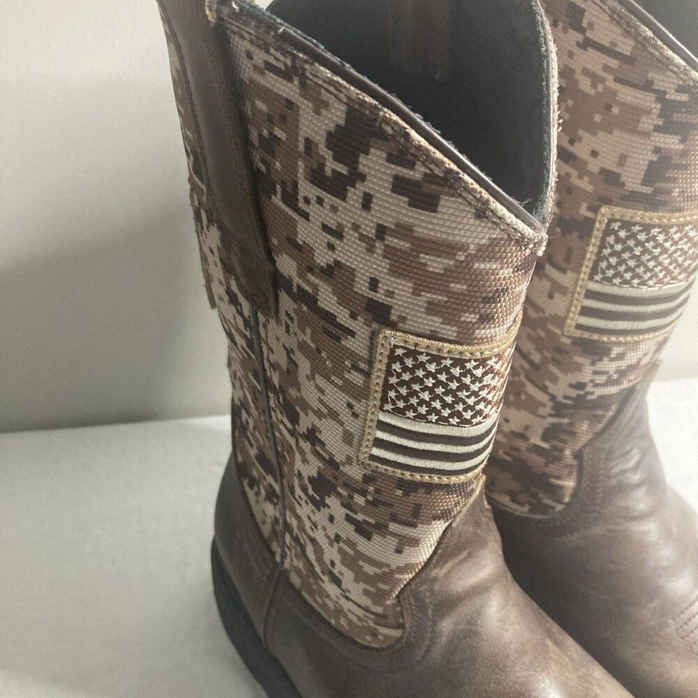 J.B. Dillon Camo Flag Mens 11 Leather Western Cowboy Square Tor Boots Fast Brown